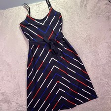 Tommy Hilfiger Women Dress Sz S Navy Red White Chevron Stripe Tie Waist Midi