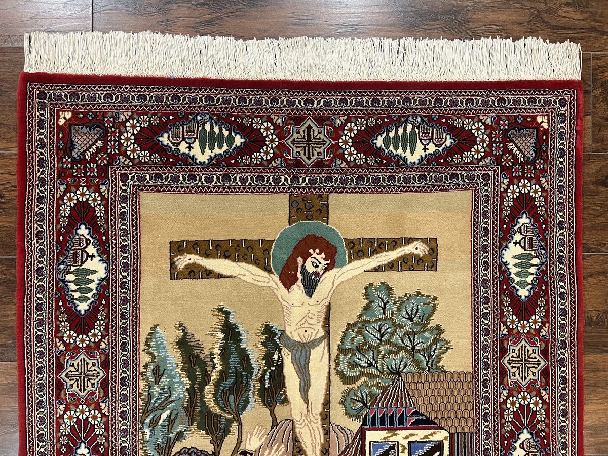 Pictorial Rug 3x5 Rare Christian Carpet Jesus on Cross Handmade
