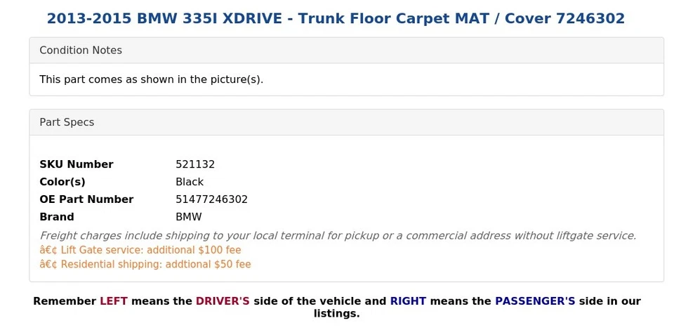 BMW 335I XDRIVE 2013-2015 - Alfombra de piso de maletero / cubierta 7246302 Foto 3 de 4