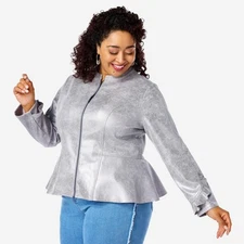 C Wonder by Christian Siriano Petites Metallic Knit Ruffle Jacket Antique Silver