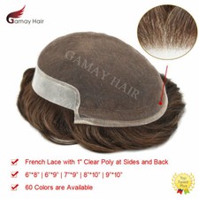 French Lace Front Mens Toupee Hairpiece Poly Skin Pu Hair Replacement System Wig