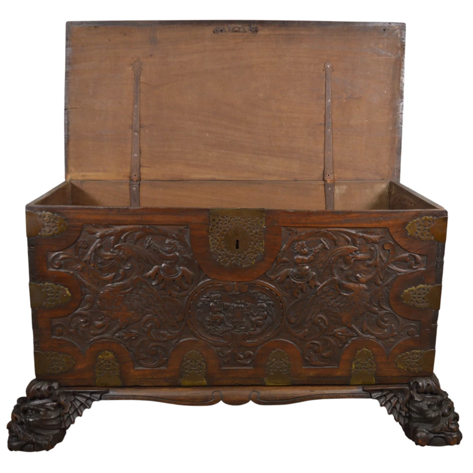 Antiguo baúl pictórico tallado excesivo - Caja Cass de la era victoriana temprana #22286 Foto 3 de 4