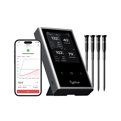 Sync Wireless Meat Thermometer Quad | 4 Probes | 6 Sensors | LCD Display | Wi...