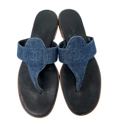 CHANEL Vintage CC Mark Logo Thong Sandals #38-38.5 Blue Black