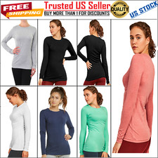 Women's Cotton Soft T-Shirt Long Sleeve Crew Round Neck Stretch Plain Tunic Top