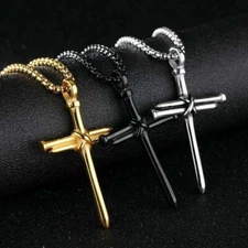 24" Cross Pendant Necklace Silver , Gold , Black Crucifix Men Women Chain W/ Box