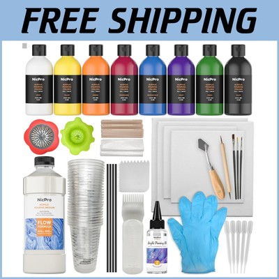 Fluid Art Starter Bundle: 8 Colors 8.45 oz Paints with Pouring Medium & Canvases