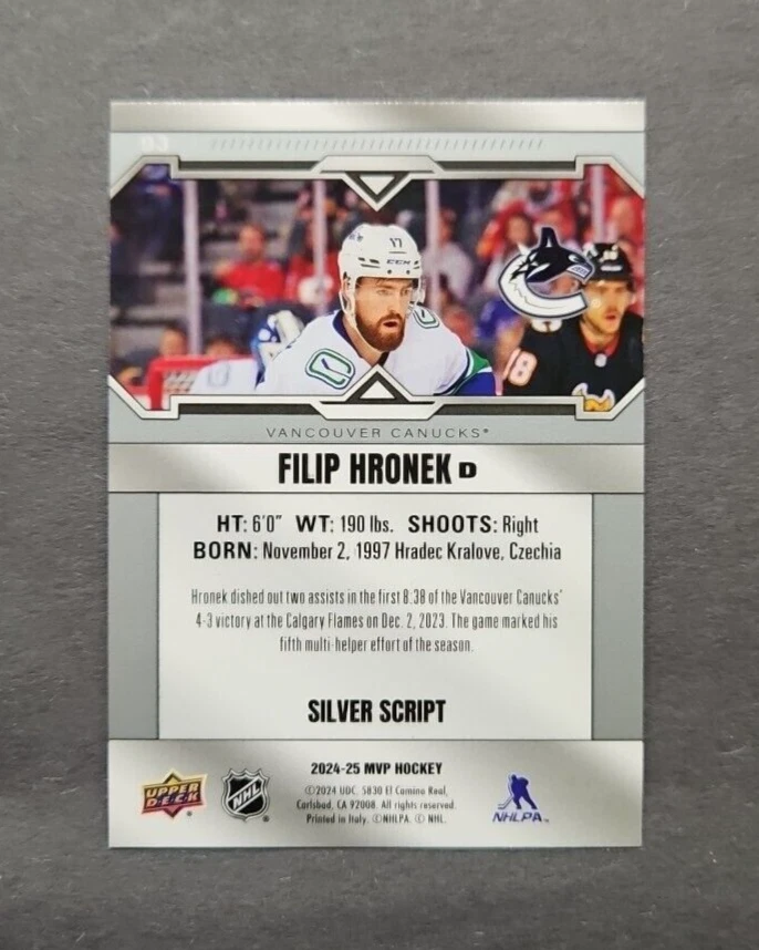 Filip Hronek - Vancouver Canucks - 2024-25 UD MVP Hockey - Silver Script - #93 - Image 2 of 2