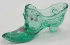 Vintage Fenton ~6"L Green Rose Art Glass Slipper Shoe Painted Artist Signed