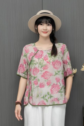 Womens Retro floral Printed Cotton Linen Tops Shirt Round Neck Short Sleeves New - Picture 20 of 44