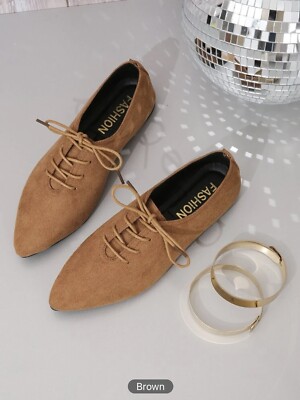 Women Lace-up Front Point Toe Flats Camel Color Elegant Faux Suede Oxford Flats