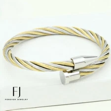 Men 7" Stainless Steel Adjustable Cuff Cable Bangle Gold plated Bracelet*Box