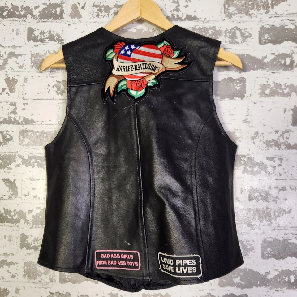 Interstate Leather Womens Motorcycle Biker Vest Patches USA Flag Harley Davidson - Image 4 of 4