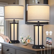 27" Tall Vintage Table Lamp Set of 2 with USB C A  Outlet,Black In... Fast Ship