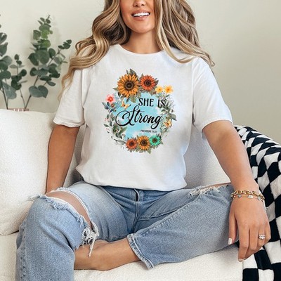 Sie ist stark Sprüche 31:25 Damen ringgesponnen T-Shirt Bibelvers christlich