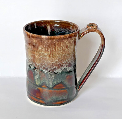 Healing Touch Pottery Coffee Mug Handmade Artisan Drip Glaze Brown Green Tan