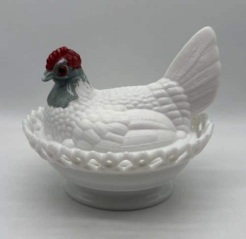 Westmoreland Milk Glass Hen On Nest Candy Dish Glass Eyes 7.5” Pre 1910