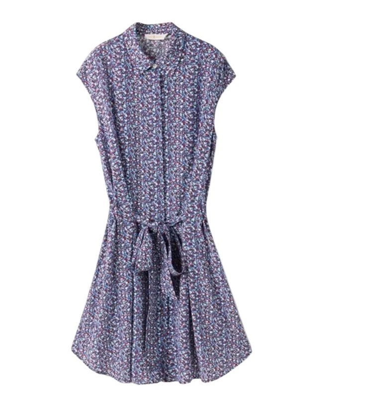 Nuovo abito Tory Burch Gigi seta bluastro viola stampa geometrica cravatta cintura taglia 8