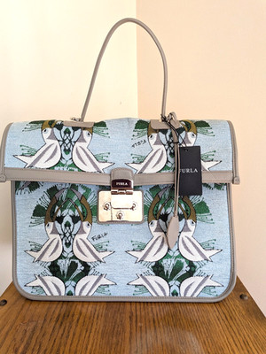 NWT-Beautiful  RareX-Large Furla Fenice Bag  Leather Jacquard  Blue-White-Green