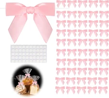 50Pcs Pink Twist Tie Bows, 3.5" Satin Ribbon Pre Tied Small Pink Bows for Gifts