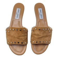 Jimmy Choo Nanda Tan Suede Studded Flat Sandal Women's Sz 38 US 7.5 Slides Boho