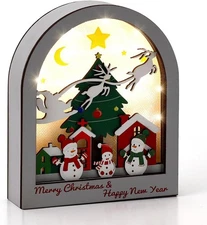 Light Up Wooden Christmas Village Scene with LED Lights – Snowman & Tree Holid