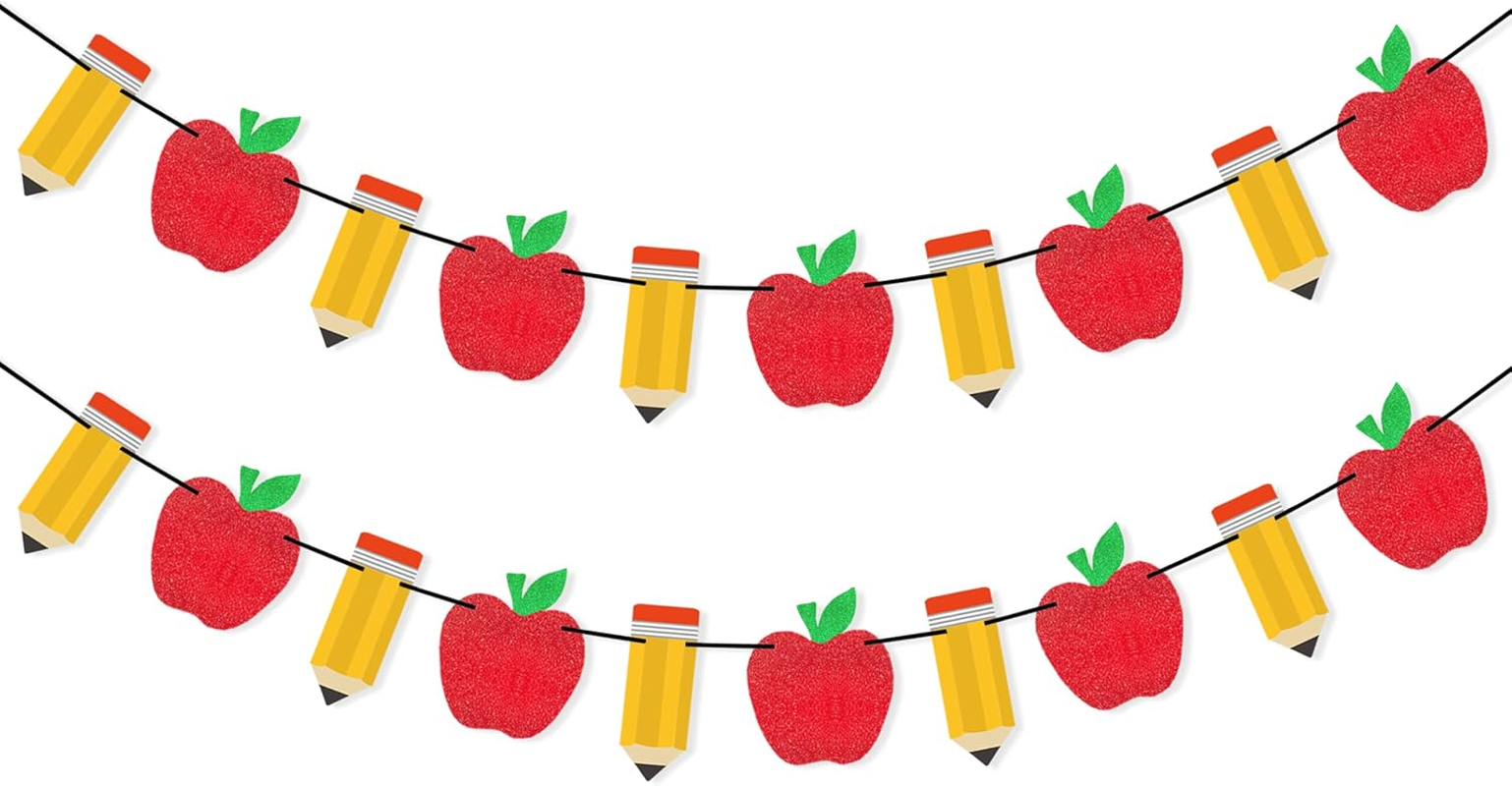 2 Pieces Pencil Apple Banner for Back to School Decorations, First Day of School