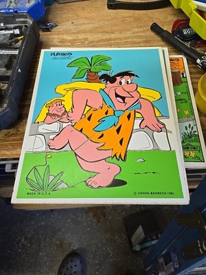 Vintage 1980 Playskool Wood Puzzle 340-4 Fred Flintstone & Barney Rubble Used