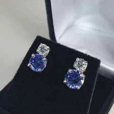 5.00Ct Round Natural Blue Sapphire & Diamond Wedding Earring Stud 18K White Gold