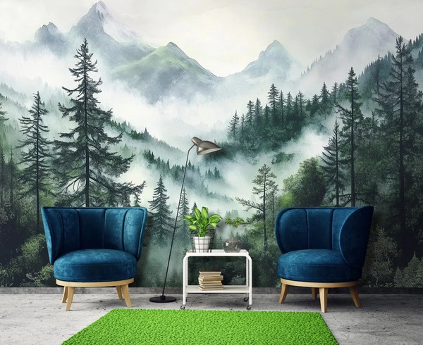 GrüN Berg Wald Schlafzimmer Tapete Groß Wandbild 312X219Cm Nicht Gewebt-image
