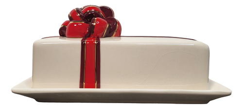 Covered Butter Dish with Detailed Holiday Ribbon Motif Ceramic - Picture 5 of 5