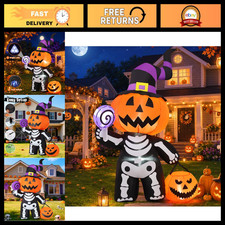 6FT Halloween Inflatable Pumpkin Skull Yard Decor with LEDs - Blow Up Outdoor Pa