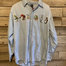 Vintage Warner Brothers Looney Tunes 90  s Denim Button Down Shirt Medium