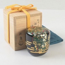 Japanese Kaga Makie Natsume by Iwakura Rikei Taresode Design Tea Caddy w/ Box