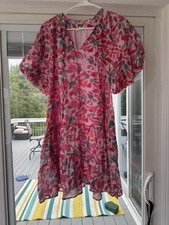 Entro Pink Floral Ruffle Short Puff Sleeve V-Neck A-Line Dress Size L