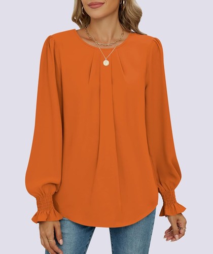 Funlingo Womens Tops Blouses Dressy Casual Long Sleeve Shirts Crew Neck Loose - Picture 88 of 133