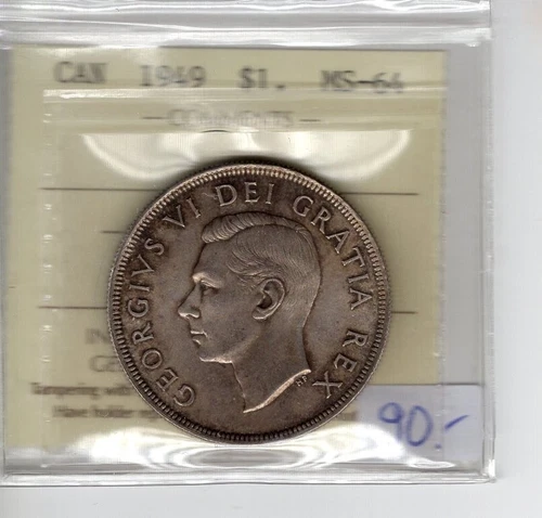 1949 Canada $1 King George VI Silver Coin MS-64 ICCS Graded