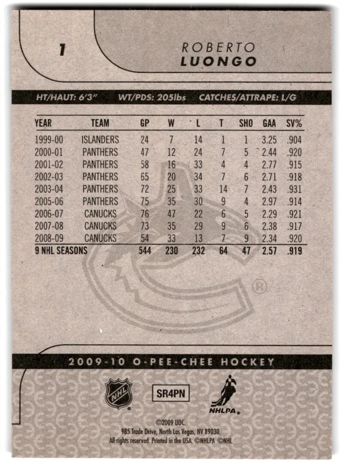 2009-10 O-Pee-Chee Roberto Luongo #1 Vancouver Canucks - Image 2 of 2