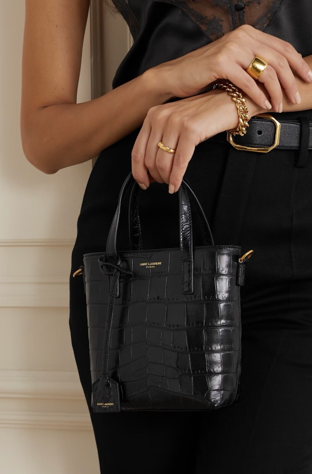 SAINT LAURENT YSL Mini Borsa Shopping Giocattolo Pelle Nera Goffrata Croc