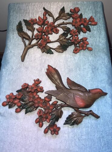Vintage Brown Syroco Wall Plaques Birds Dogwood Branches Flowers MCM 1967 Retro - Picture 1 of 6
