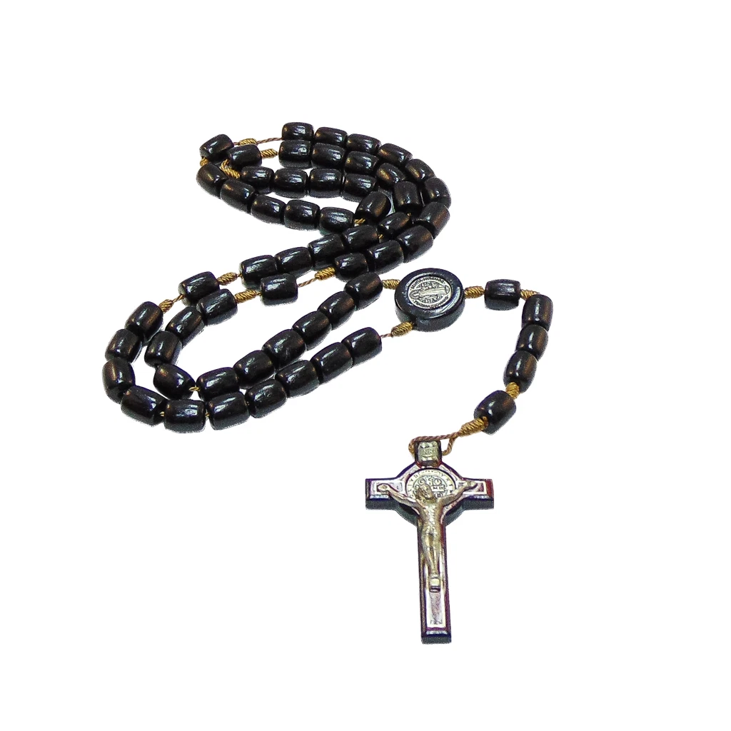 Men s Saint Benedict Black Solid Wood Beads Rosary Necklace Large Made in Brazil
