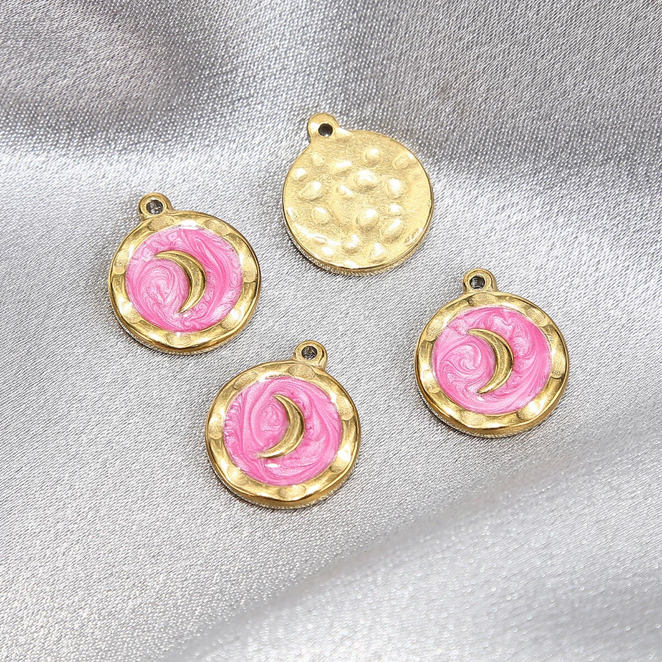 Colgantes redondos luna de acero inoxidable esmaltado tono dorado 18x15,5 mm 10 piezas Foto 3 de 4