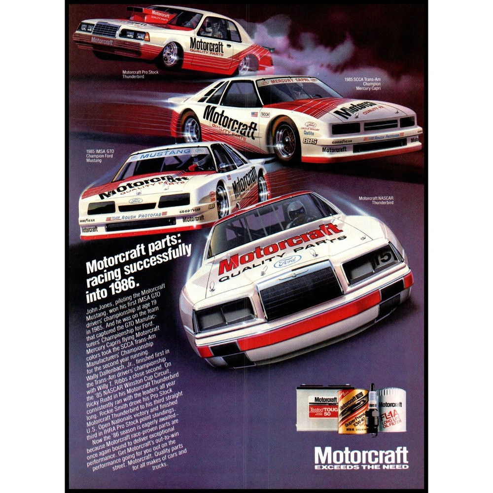 1986 Motorcraft Autoparts Ford Race Cars Vintage Print Ad NASCAR Wall Art