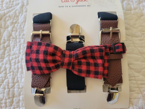 Cat & Jack Boy's Bow Tie & Suspenders Set Red Buffalo Plaid One Size Fits Most - Picture 2 of 5