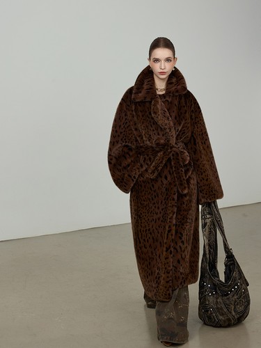 Winter Thickened Leopard Print Overcoat Faux Fur Coat Loose Lapel Belted Coat - Picture 21 of 21