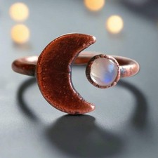 Crescent Moon Moonstone Ring Handcrafted Copper Talisman for Calm