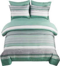 7 Piece Bed in a Bag Stripe Comforter Set Full Size, White Grey Sage Green Patch