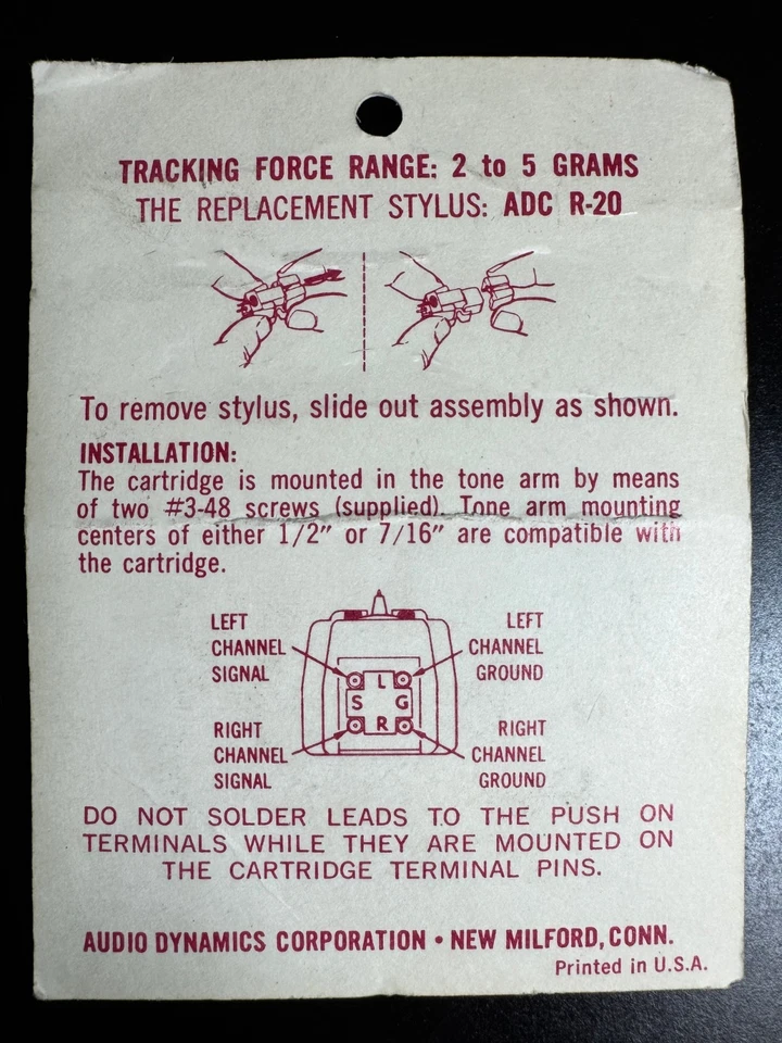VINTAGE ORIGINAL ADC 220 - Stereo Cartridge & R20 Moving Iron Stylus - EX - Image 3 of 4