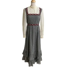 Vtg Floral Embroidered Maxi Dress Mock Neck Lace Ruffle Victorian sm-med??