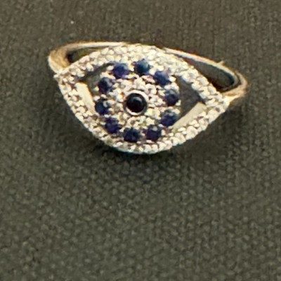 Evil Eye Ring Pavé Crystal Blue & Black Stones Gold Tone Unbranded SIZE 7